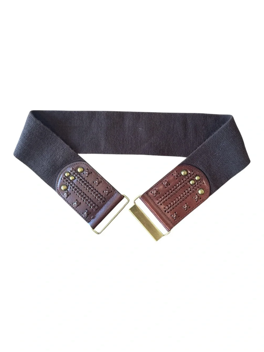 Banana Republic Brown Wide Stretch Belt Leather Whipstitch Brass Studs Size M/L